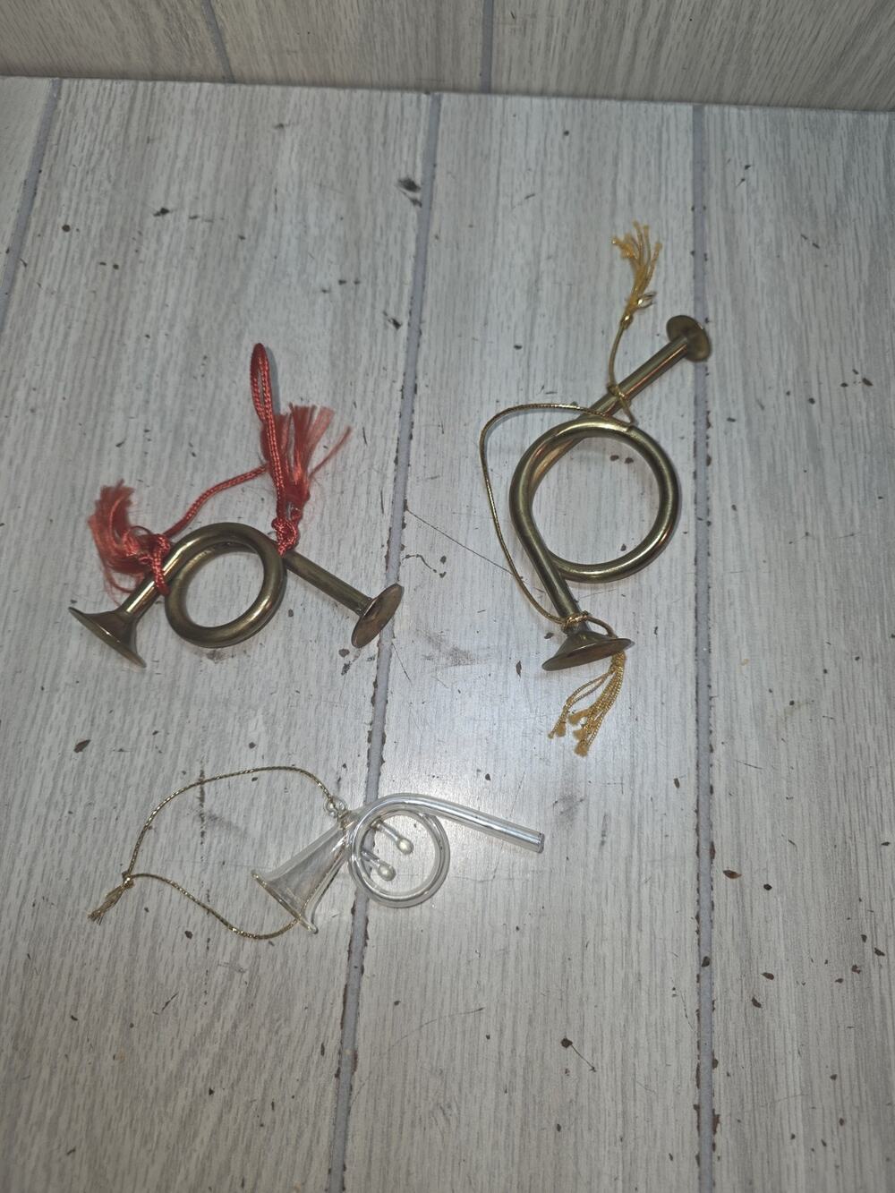 Vtg Miniature Decorative Brass French Horns 2 Brass 1 Glass Christmas Ornaments